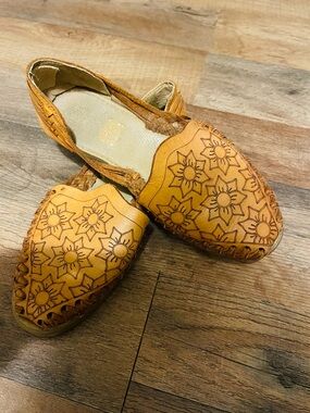 Free People Tan Floral-Tooled Leather Slip-On Moccasins